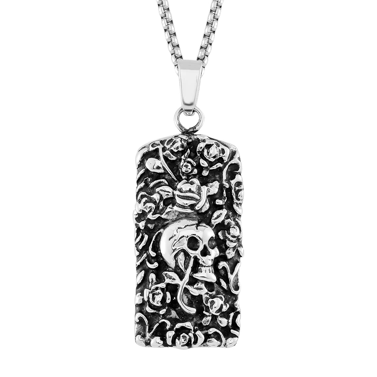 Skull Pendant Necklace in Black Oxidized and Stainless Steel 24 Inches image number 0