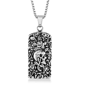 Skull and Rose Pendant Necklace in Black Oxidized and Stainless Steel 24 Inches