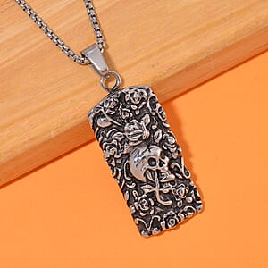 Skull and Rose Pendant Necklace in Black Oxidized and Stainless Steel 24 Inches