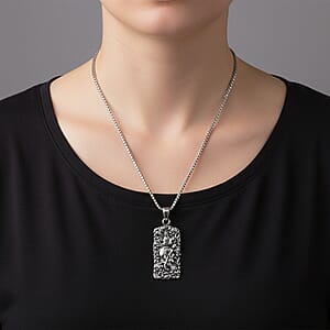 Skull and Rose Pendant Necklace in Black Oxidized and Stainless Steel 24 Inches