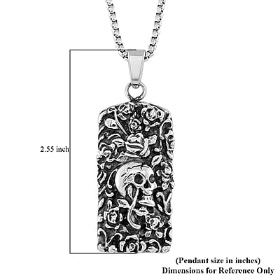 Skull and Rose Pendant Necklace in Black Oxidized and Stainless Steel 24 Inches