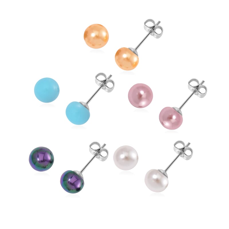 Set of 5, Multi Color Shell Pearl Stud Earrings in Stainless Steel