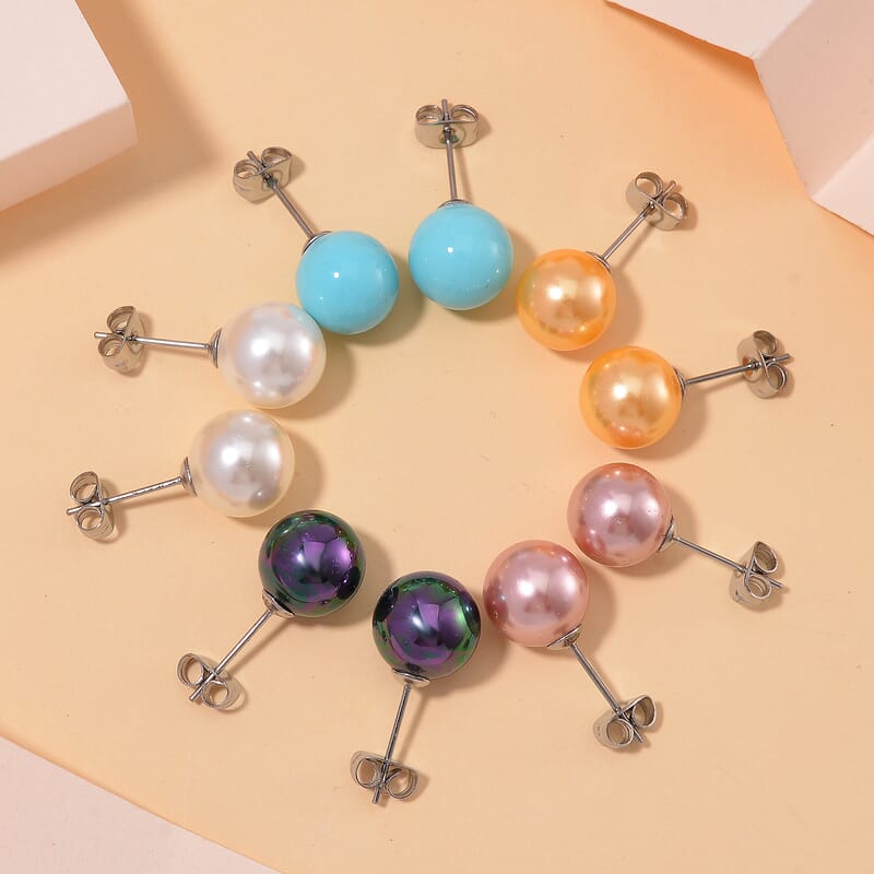 Set of 5, Multi Color Shell Pearl Stud Earrings in Stainless Steel