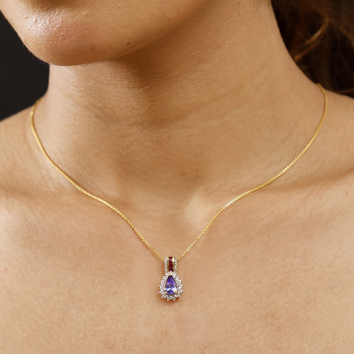 Tanzanite and Multi Gemstone 1.85 ctw Regal Bloom Pendant Necklace in 18K Vermeil Yellow Gold Over Sterling Silver 20 Inches image number 2