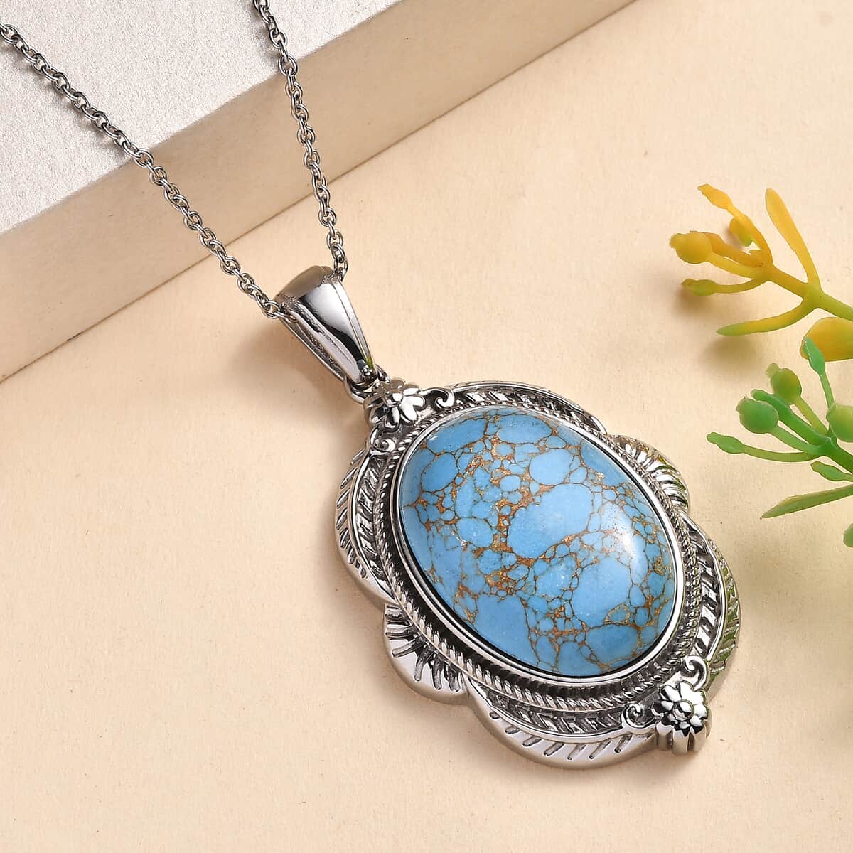 Mojave Blue Turquoise 20.50 ctw Pendant Necklace 20 Inches in Stainless Steel image number 1