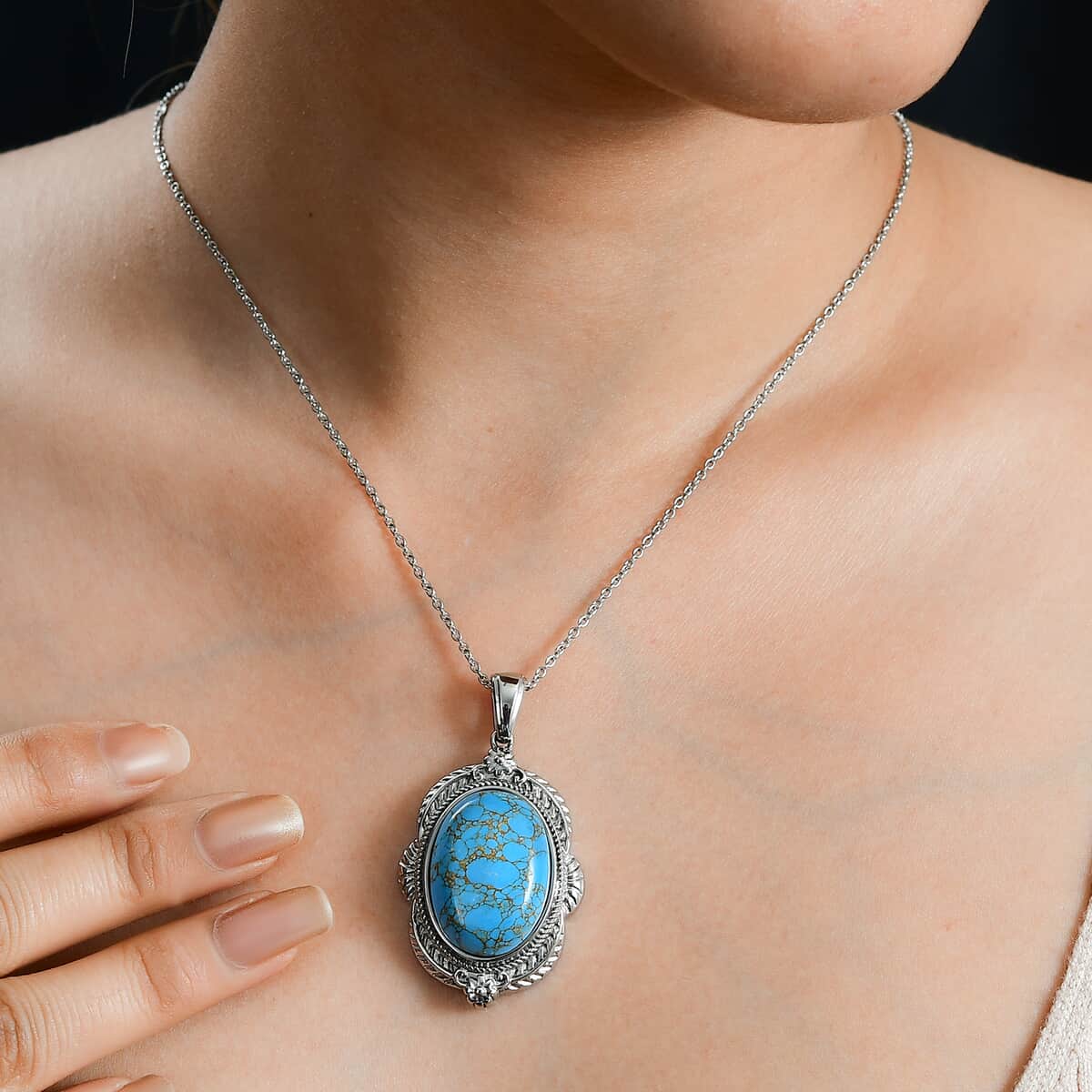 Mojave Blue Turquoise 20.50 ctw Pendant Necklace 20 Inches in Stainless Steel image number 2