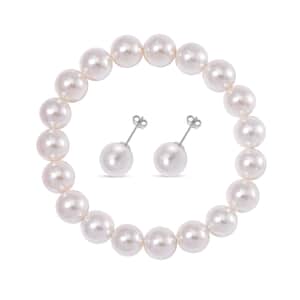 Value Buy White Shell Pearl Stretch Bracelet and Earrings in Rhodium Over Sterling Silver