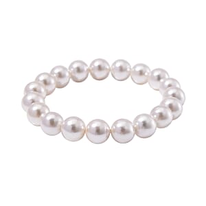 White Shell Pearl Stretch Bracelet and Earrings in Rhodium Over Sterling Silver