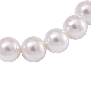 White Shell Pearl Stretch Bracelet and Earrings in Rhodium Over Sterling Silver