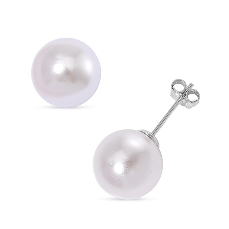 White Shell Pearl Stretch Bracelet and Earrings in Rhodium Over Sterling Silver