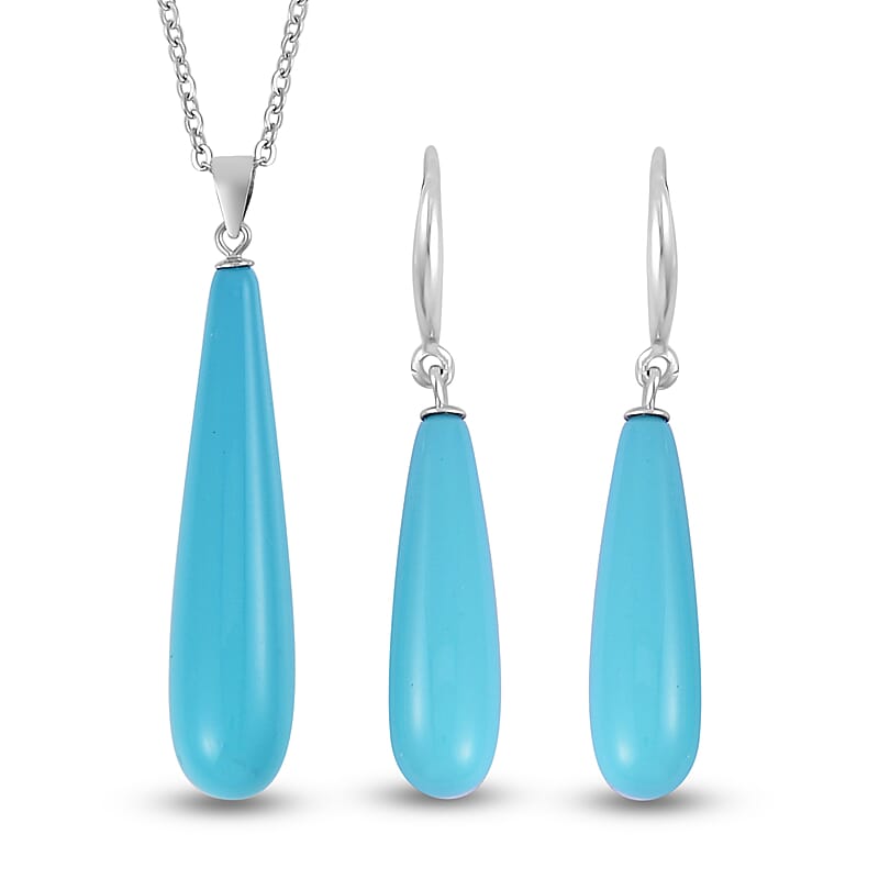 Blue Shell Pearl Drop Pendant Necklace 20 Inches and Earrings in Stainless Steel