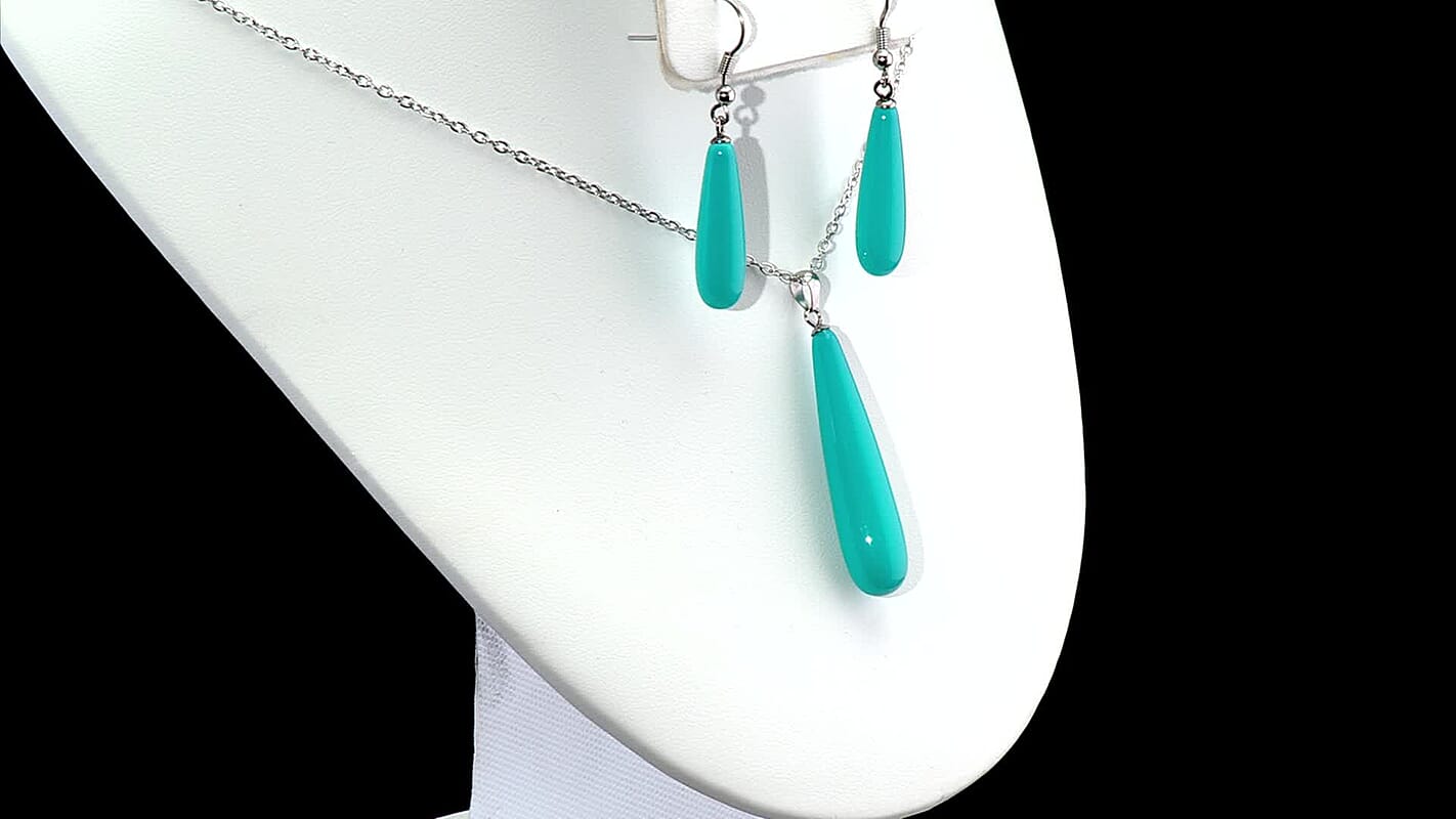 Blue Shell Pearl Drop Pendant Necklace (20 Inches) and Earrings in Sterling Silver and Stainless Steel