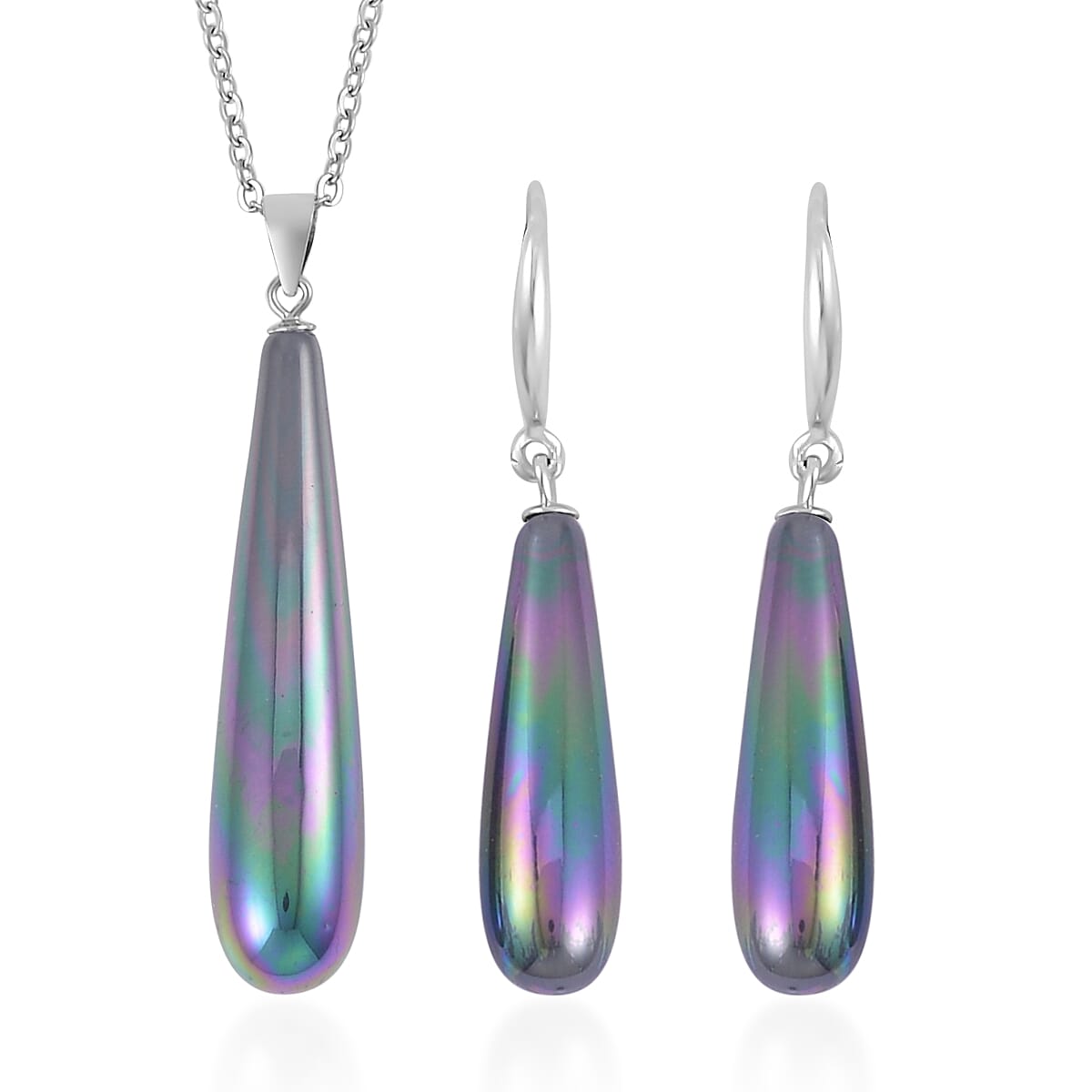 Blue Shell Pearl Drop Pendant Necklace (20 Inches) and Earrings in Sterling Silver and Stainless Steel