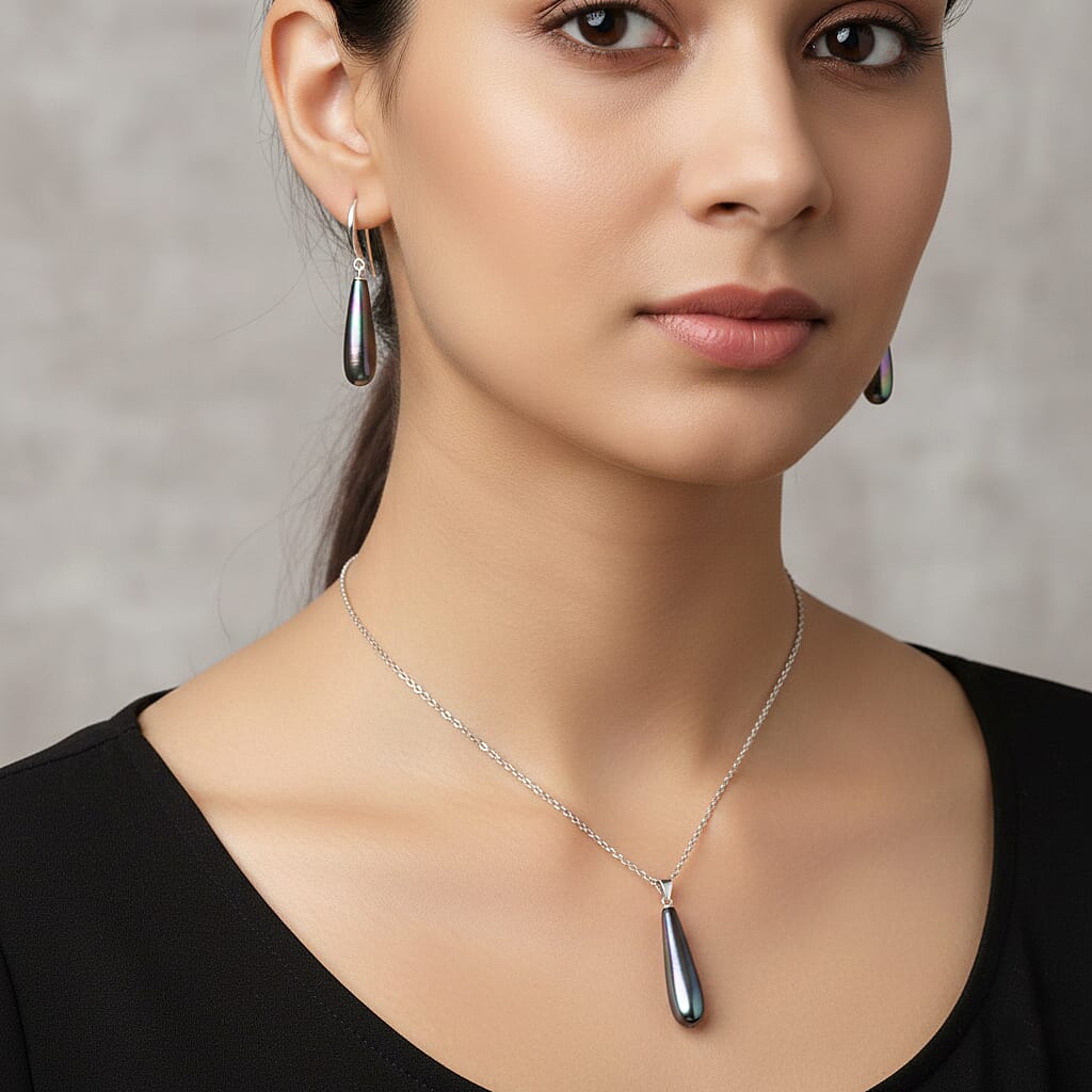 Peacock Color Shell Pearl Drop Pendant Necklace 20 Inches and Earrings in Stainless Steel