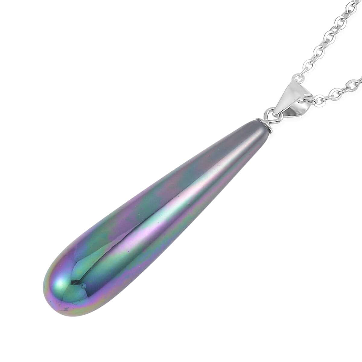 Peacock Color Shell Pearl Drop Pendant Necklace 20 Inches and Earrings in Stainless Steel