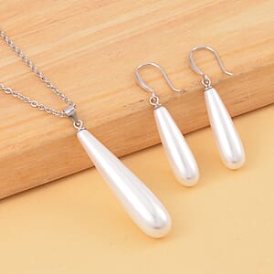White Shell Pearl Drop Pendant Necklace 20 Inches and Earrings in Stainless Steel