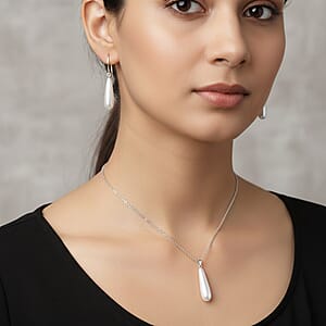 White Shell Pearl Drop Pendant Necklace 20 Inches and Earrings in Stainless Steel