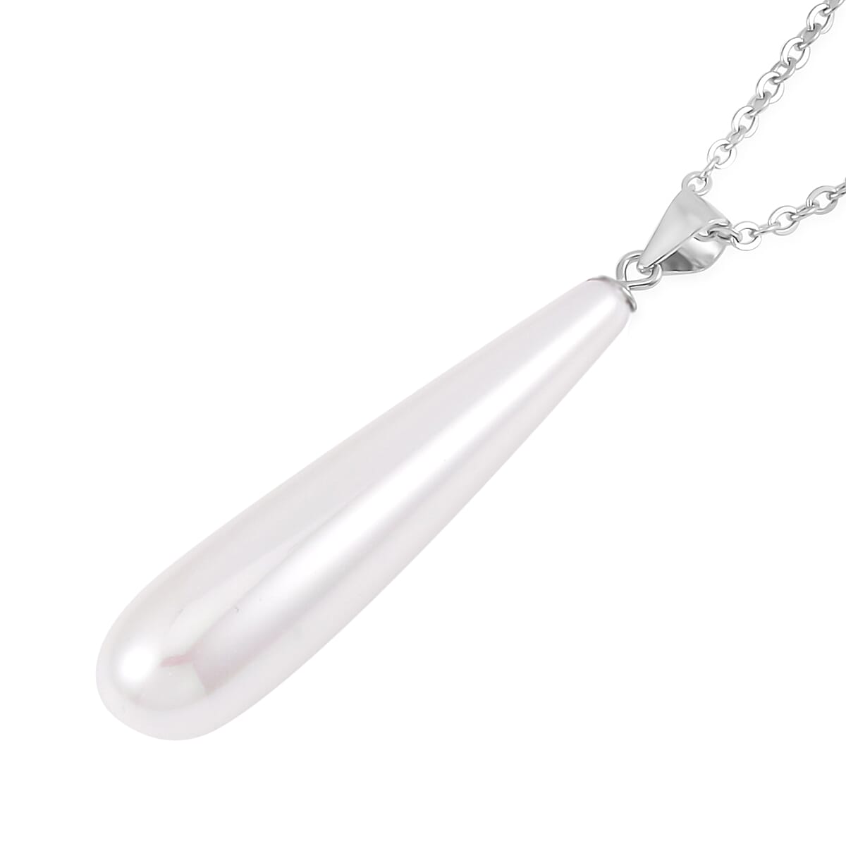 White Shell Pearl Drop Pendant Necklace 20 Inches and Earrings in Stainless Steel image number 4