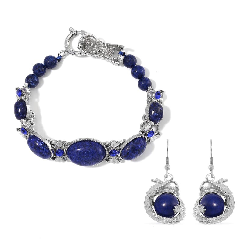 Lapis Lazuli and Blue Austrian Crystal 70.00 ctw Bracelet (6.75In) and Dragon Earrings in Silvertone and Stainless Steel