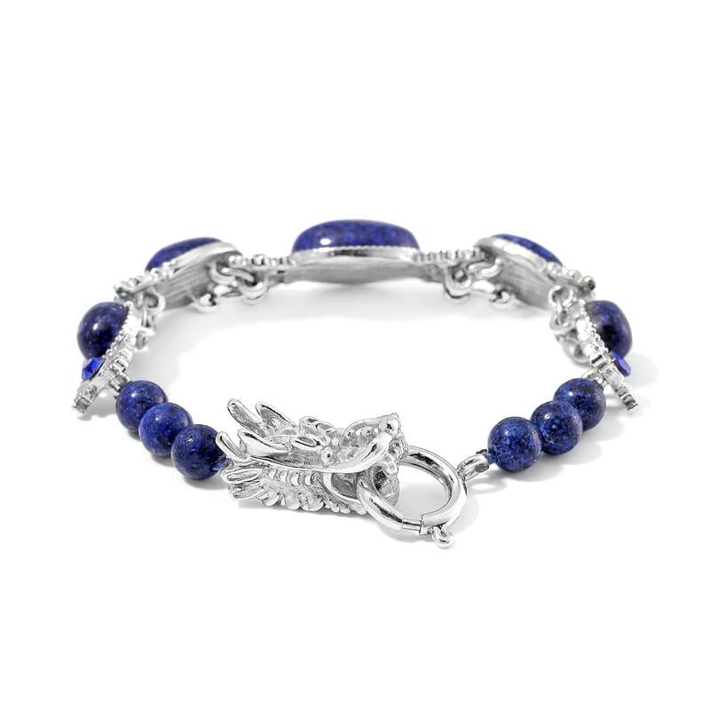 Lapis Lazuli and Blue Austrian Crystal 70.00 ctw Bracelet (6.75In) and Dragon Earrings in Silvertone and Stainless Steel