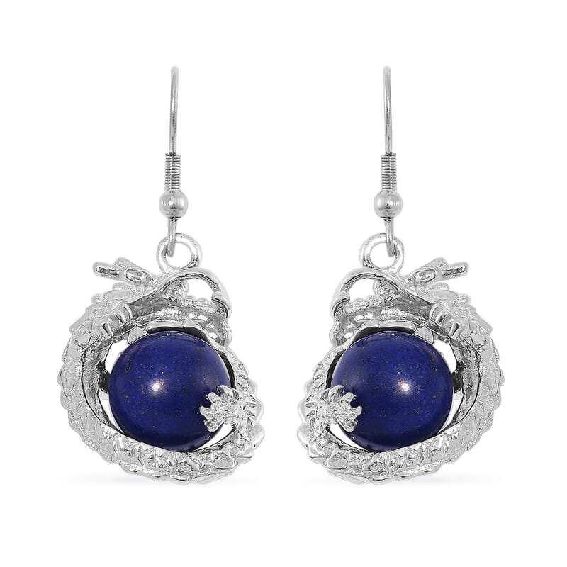 Lapis Lazuli and Blue Austrian Crystal 70.00 ctw Bracelet (6.75In) and Dragon Earrings in Silvertone and Stainless Steel