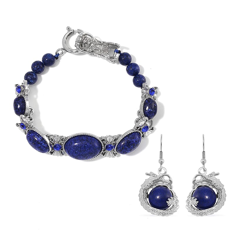 Lapis Lazuli and Blue Austrian Crystal 70.00 ctw Bracelet (7.25In) and Dragon Earrings in Silvertone and Stainless Steel