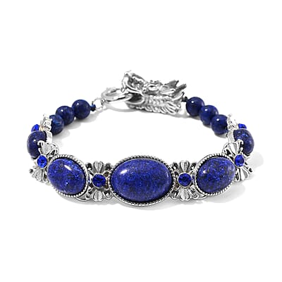 Lapis Lazuli and Blue Austrian Crystal 70.00 ctw Bracelet (7.25In) and Dragon Earrings in Silvertone and Stainless Steel