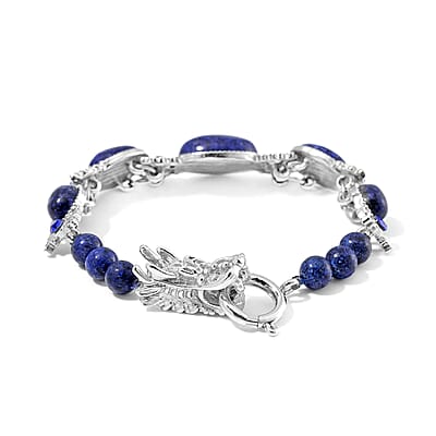 Lapis Lazuli and Blue Austrian Crystal 70.00 ctw Bracelet (7.25In) and Dragon Earrings in Silvertone and Stainless Steel