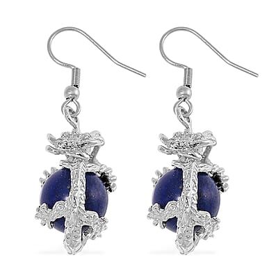 Lapis Lazuli and Blue Austrian Crystal 70.00 ctw Bracelet (7.25In) and Dragon Earrings in Silvertone and Stainless Steel