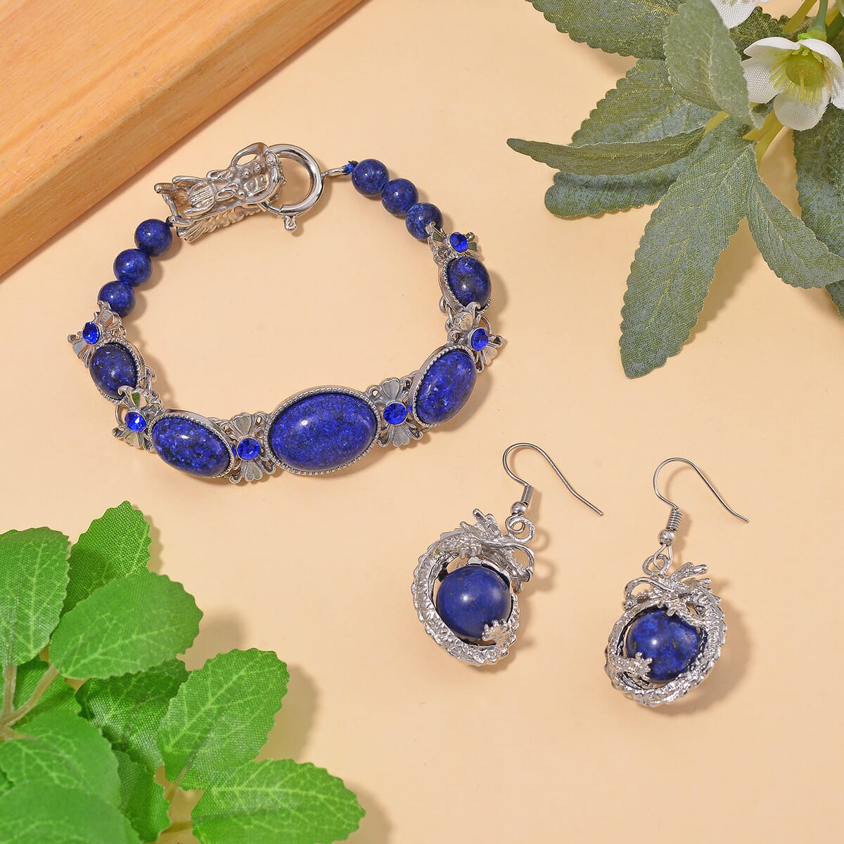 Lapis Lazuli and Blue Austrian Crystal 70.00 ctw Bracelet (8.00In) and Dragon Earrings in Silvertone and Stainless Steel image number 1