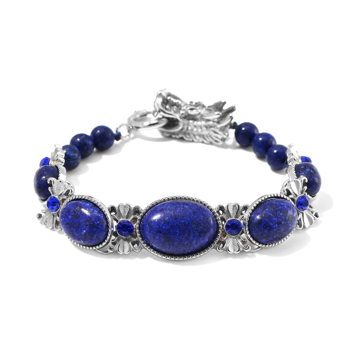 Lapis Lazuli and Blue Austrian Crystal 70.00 ctw Bracelet (8.00In) and Dragon Earrings in Silvertone and Stainless Steel image number 2