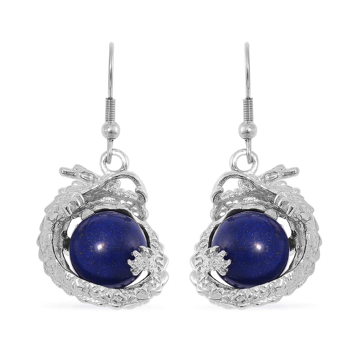 Lapis Lazuli and Blue Austrian Crystal 70.00 ctw Bracelet (8.00In) and Dragon Earrings in Silvertone and Stainless Steel image number 3