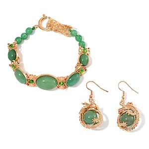 Green Aventurine, Green Austrian Crystal 70.00 ctw Bracelet (7.25In) and Dragon Earrings in Goldtone and ION Plated YG Stainless Steel 