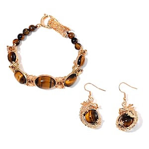 Tigers Eye and Brown Austrian Crystal 70.00 ctw Bracelet (8.00In) and Dragon Earrings in Goldtone and ION Plated YG Stainless Steel