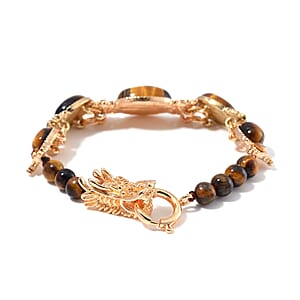 Tigers Eye and Brown Austrian Crystal 70.00 ctw Bracelet (8.00In) and Dragon Earrings in Goldtone and ION Plated YG Stainless Steel