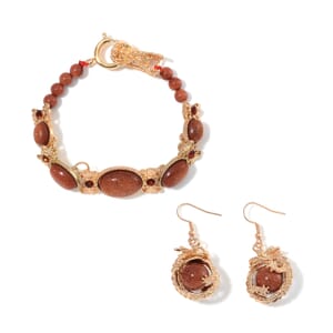 Gold Sandstone and Brown Austrian Crystal 70.00 ctw Bracelet (8.00In) and Dragon Earrings in Goldtone and ION Plated YG Stainless Steel 