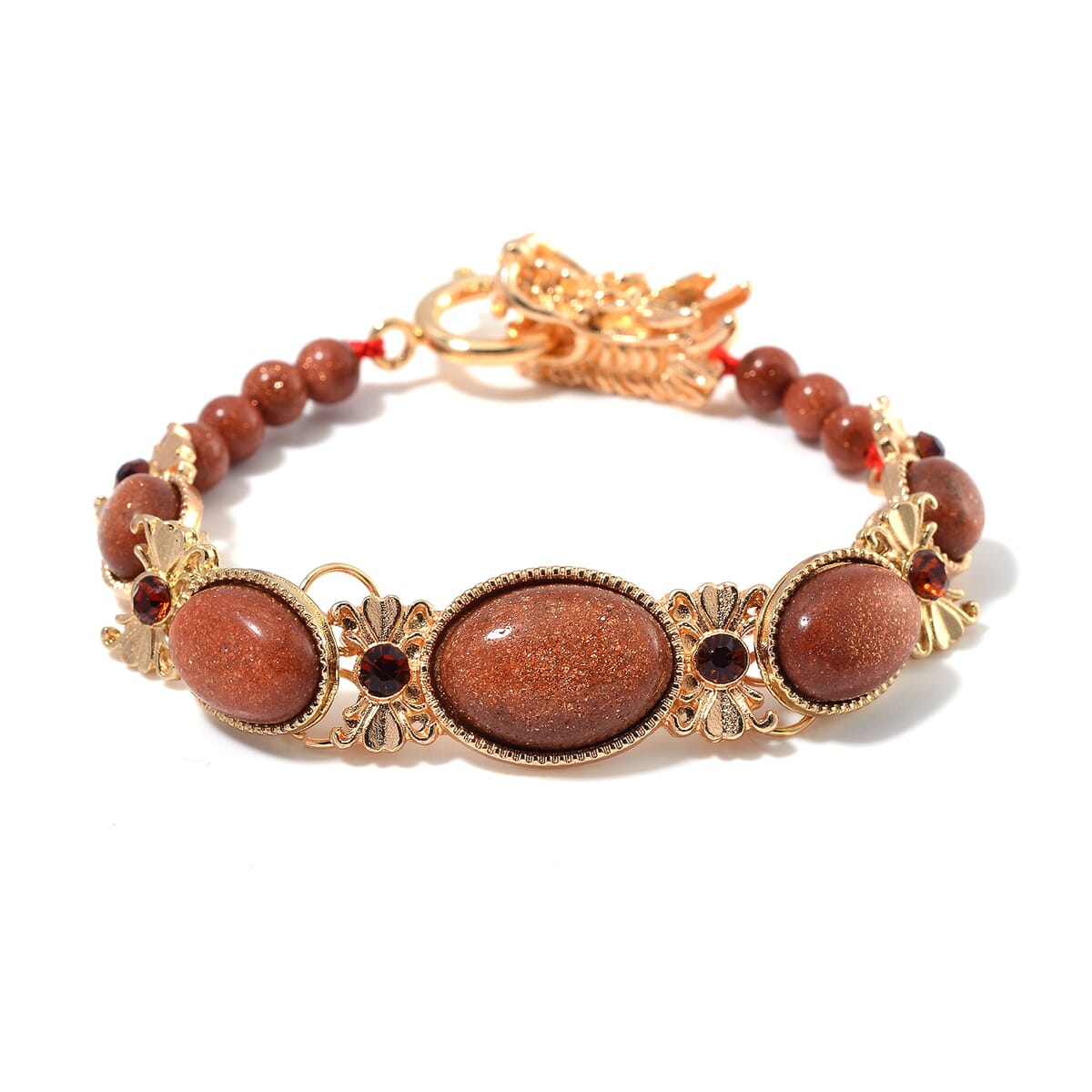 Gold Sandstone and Brown Austrian Crystal 70.00 ctw Bracelet (8.00In) and Dragon Earrings in Goldtone and ION Plated YG Stainless Steel  image number 2