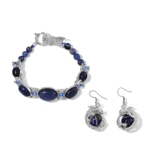 Sodalite, Blue Austrian Crystal Bracelet (8.00In) and Dragon Earrings in Silvertone and Stainless Steel 70.00 ctw