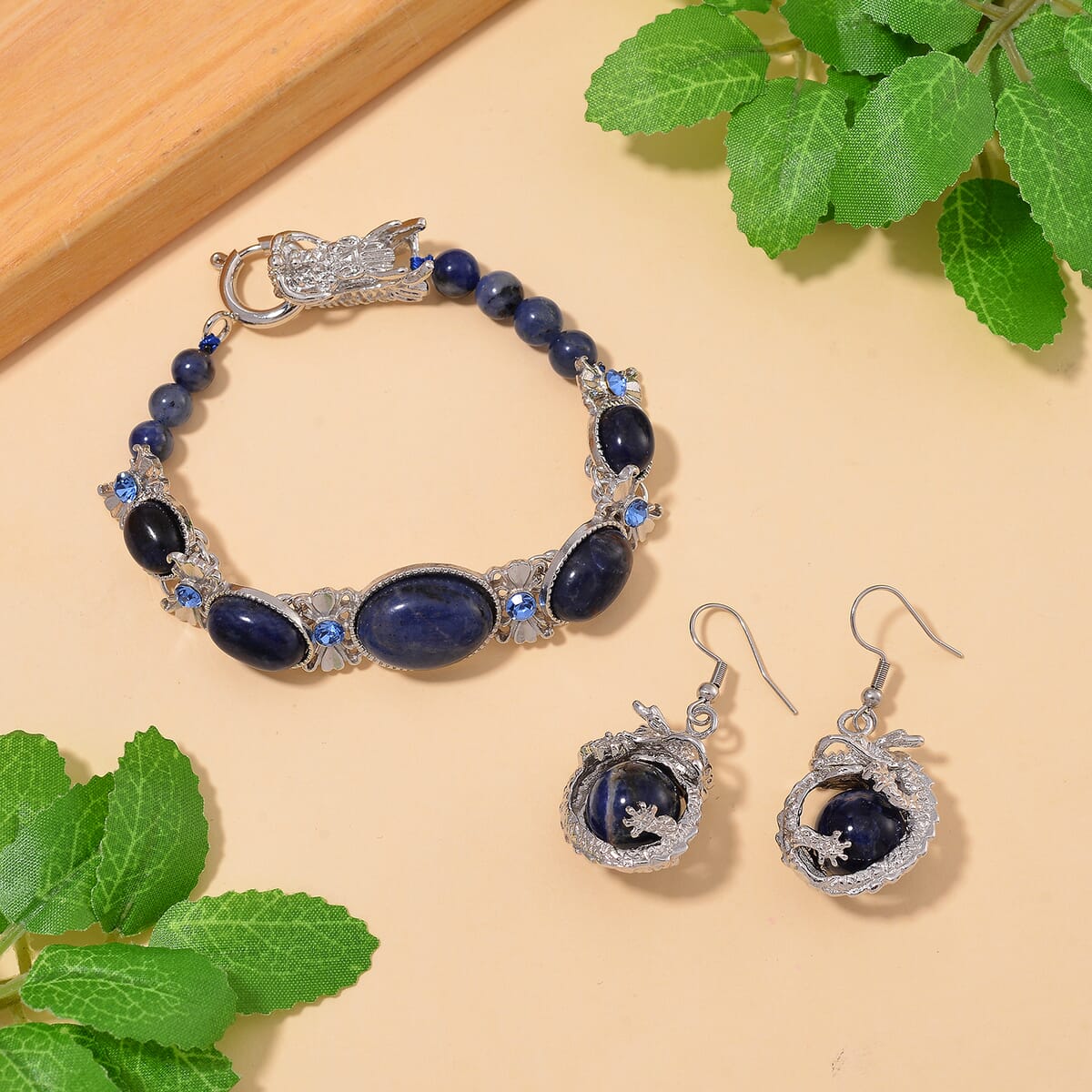 Sodalite, Blue Austrian Crystal Bracelet (8.00In) and Dragon Earrings in Silvertone and Stainless Steel 70.00 ctw image number 1