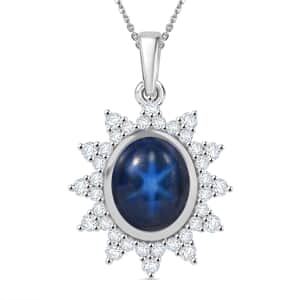 Blue Star Sapphire (DF) and Moissanite 6.75 ctw Starburst Pendant Necklace in Rhodium Over Sterling Silver 20 Inches (Del. In 10-12 Days)