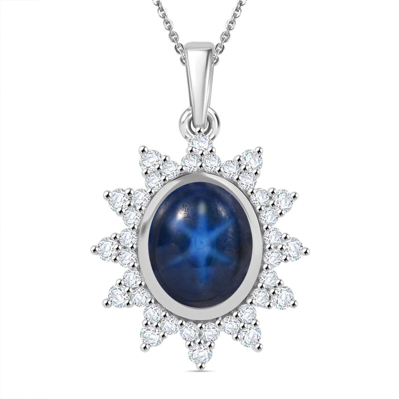 Blue Star Sapphire (DF) and Moissanite 6.75 ctw Starburst Pendant Necklace in Rhodium Over Sterling Silver 20 Inches