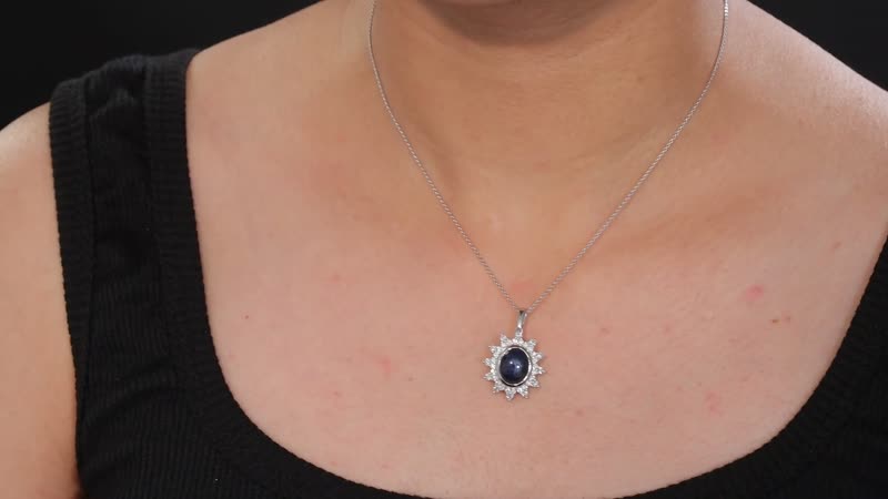 Blue Star Sapphire (DF) and Moissanite 6.75 ctw Starburst Pendant Necklace in Rhodium Over Sterling Silver 20 Inches