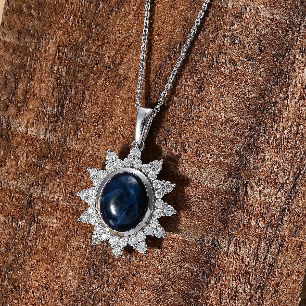 Blue Star Sapphire (DF) and Moissanite 6.75 ctw Starburst Pendant Necklace in Rhodium Over Sterling Silver 20 Inches (Del. In 10-12 Days) image number 1