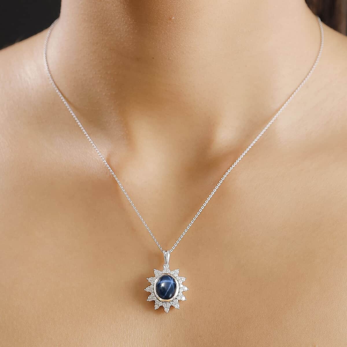 Blue Star Sapphire (DF) and Moissanite 6.75 ctw Starburst Pendant Necklace in Rhodium Over Sterling Silver 20 Inches (Del. In 10-12 Days) image number 2