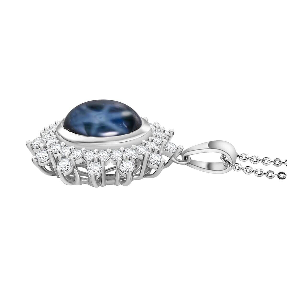 Blue Star Sapphire (DF) and Moissanite 6.75 ctw Starburst Pendant Necklace in Rhodium Over Sterling Silver 20 Inches (Del. In 10-12 Days) image number 3