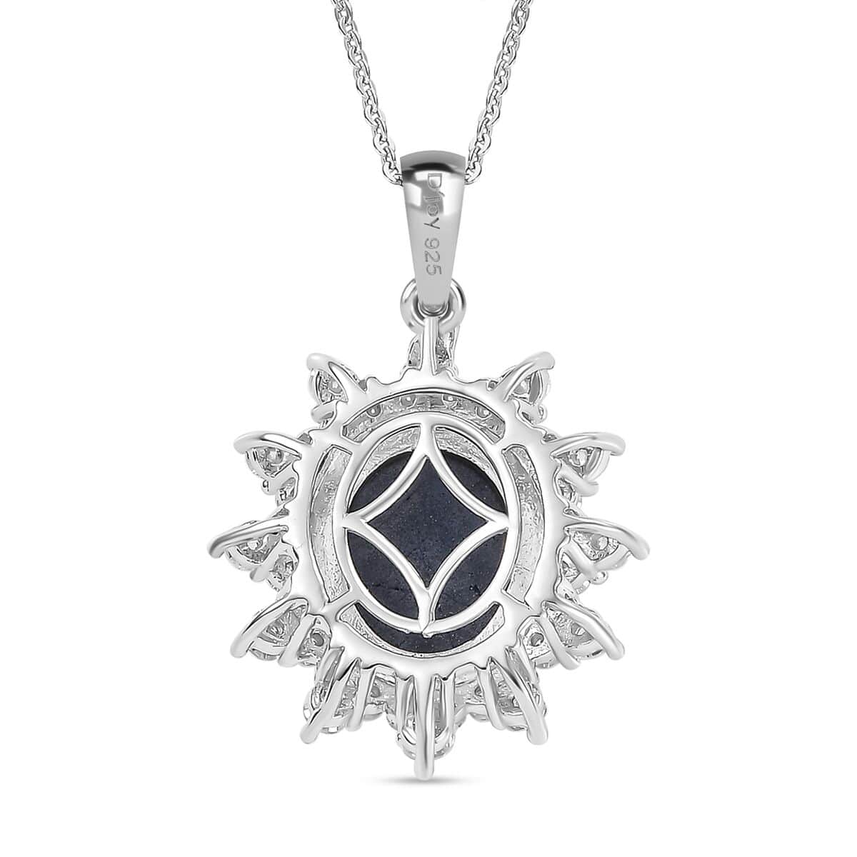 Blue Star Sapphire (DF) and Moissanite 6.75 ctw Starburst Pendant Necklace in Rhodium Over Sterling Silver 20 Inches (Del. In 10-12 Days) image number 4