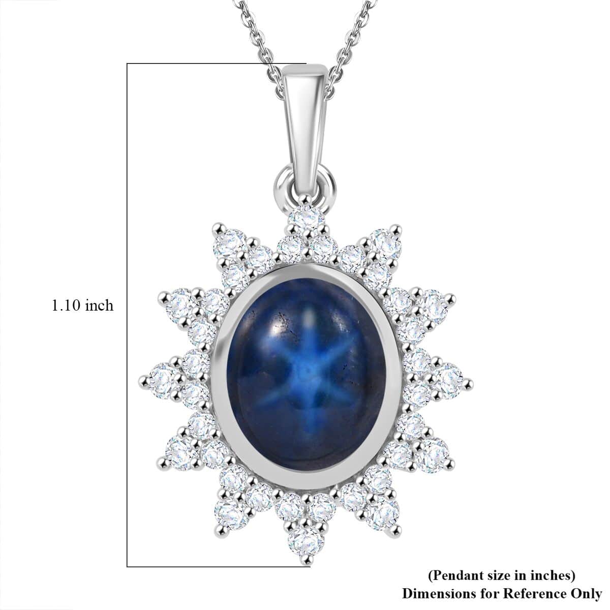 Blue Star Sapphire (DF) and Moissanite 6.75 ctw Starburst Pendant Necklace in Rhodium Over Sterling Silver 20 Inches (Del. In 10-12 Days) image number 5