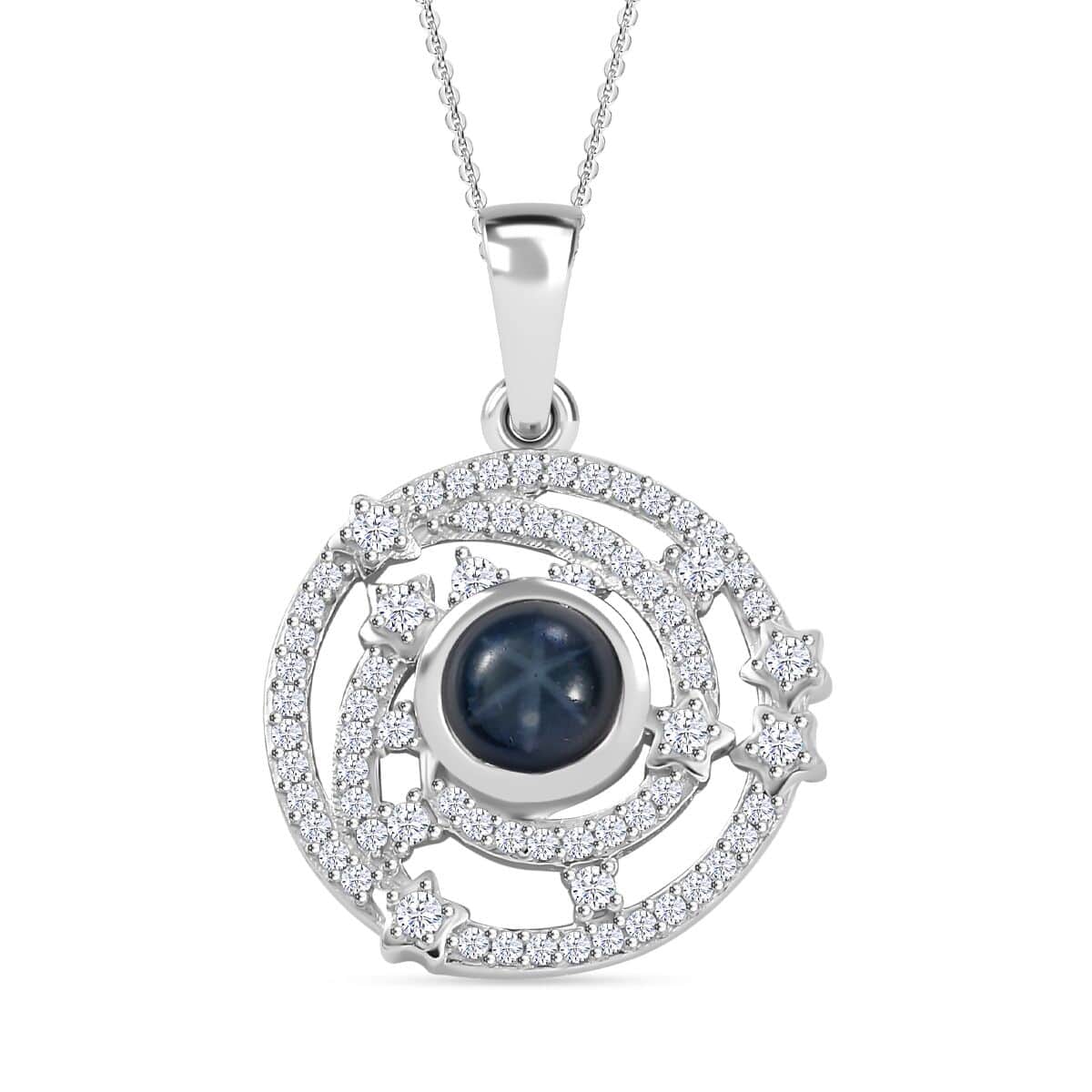 Blue Star Sapphire (DF) and Moissanite 2.00 ctw Celestial Star Pendant Necklace in Rhodium Over Sterling Silver 20 Inches (Del. In 8-10 Days) image number 0