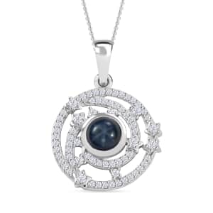 Blue Star Sapphire (DF) and Moissanite 2.00 ctw Celestial Star Pendant Necklace in Rhodium Over Sterling Silver 20 Inches