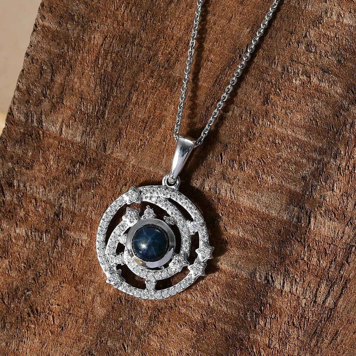 Blue Star Sapphire (DF) and Moissanite 2.00 ctw Celestial Star Pendant Necklace in Rhodium Over Sterling Silver 20 Inches (Del. In 8-10 Days) image number 1